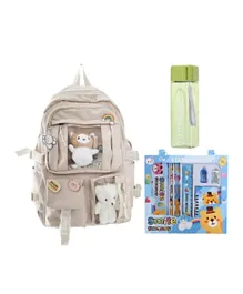 Star Babies School Bag and Water Bottle with 8 Pack of Free Stationery Set Khaki - 20 Inches