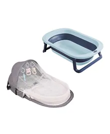 ستار بيبيز - سرير كومبو بيبي ناموسي رمادي + حوض استحمام قابل للطي باللون الأزرق