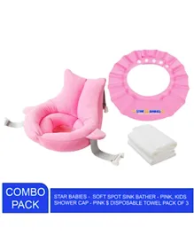 Star Babies Sink Bather + Shower Cap + Disposable Towel 3 Pieces - Pink