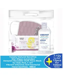 Vibrant School Hygiene kit 1 Hand Sanitizer 100ml + 1 Reusable Cloth Face Mask for Kids + 12 Wet Wipes - Multicolor