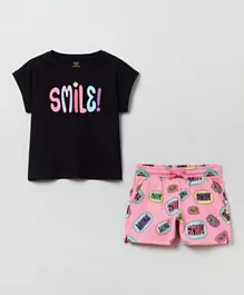 OVS Cotton Smile Graphic T-Shirt & All Over Printed Shorts Set - Black & Pink