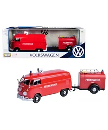 Motormax Die Cast Volkswagen Type 2 T1 Trailer Set - Fire Truck + Trailer - Red