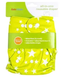 Baby Vision All-In-One Reusable Diaper with One Insert White Star Design - Green