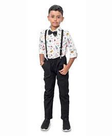 Babyqlo Space Theme Shirt with Bow and Pants with  Suspender Set - White & Black