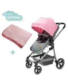Moon Pro 2 in 1 Convertible to Carrycot Reversible Stroller + 100% Cotton Knitted & Fur Baby Blanket  - Pink