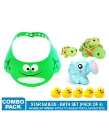 Star Babies Bath Toy Set  Of 4 Shower Cap + Watering Kettle Toy + Turtle + Duck - Green