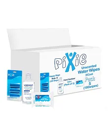 Pixie Pack of 180 Water Wipes + Vibrant Sanitizers 100ml x 5 + Nappy Bags 300 Bags - Value Pack