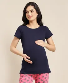 Bella Mama Half Sleeves Maternity Solid T-Shirt - Blue