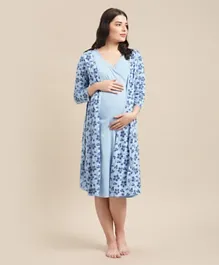 Bella Mama Half Sleeves Labour Gown with Floral Printed Robe - Blue