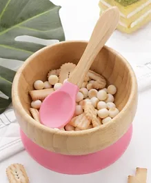 Wooden Suction Bowl With Spoon - Pink, 3+ Years, Ergonomic Easy-Feed Design, Secure Lid & Cutlery Included