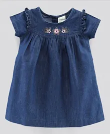 Bonfino Cap Sleeves Denim Frock with Floral Embroidery - Blue