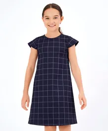 Primo Gino Half Sleeves Checked A-Line Party Frock - Navy