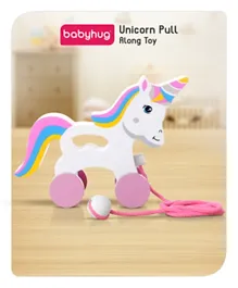 Babyhug Montessori Wooden Unicorn Pull Along Toy - White
