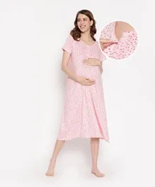 Bella Mama Half Sleeves Maternity Nursing Nighty Dot Print - Pink