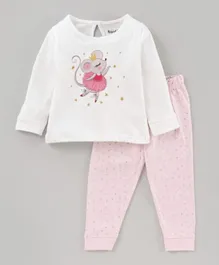 Bonfino Full Sleeves Pyjama Set Glitter Star Print - Ivory Pink