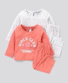 Bonfino Full Sleeves Pyjama Sets Text & Polka Print Pack of 2 - Coral Pink White