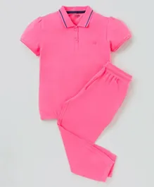 Honeyhap 97% Cotton 3% Elastane Silvadour Antimicrobial Finish Half Sleeves Top and Track Pants Set - Pink