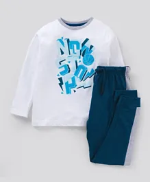 Primo Gino Full Sleeves T-shirt & Pyjama Set Text Print - Sea Blue White