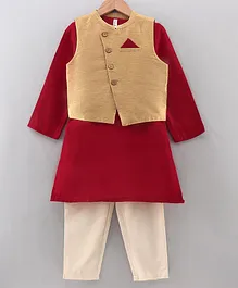 Babyhug Full Sleeves Kurta & Pyjama With Coat Set - Maroon