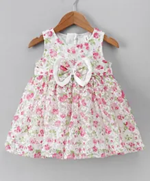 Babyhug Sleeveless Frock with Floral Print and 3D Bow Applique - off White