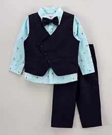 Babyhug 3 Piece Full Sleeves Party Suit With Bow - Light & Navy Blue