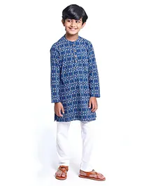 Pine Kids Full Sleeve Boys Kurta Pyjama Set with Cotton Lining Self Printed - Blue Sapphire