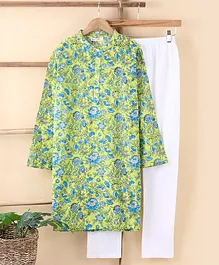 EarthyTouch Full Sleeves Printed Kurta & Churidar Set - Lime