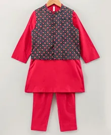 Babyhug Full Sleeves Kurta Pyjama Set with Waistcoat Buti Print - Red Blue