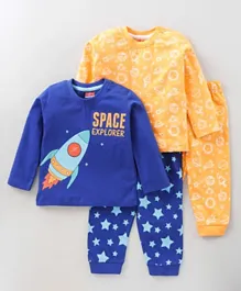 Babyhug Full Sleeves Tee & Pyjama Pants Set Space Print Pack of 2 - Blue Yellow