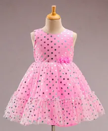 Babyhug Sleeveless Polka Printed Fit and Flare Party Wear Tiered Frock with Corsage - Pink