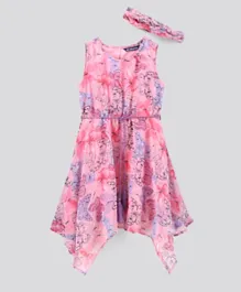 Pine Kids Rayon Sleeveless Asymmetrical Frock with Hairband Butterfly Print - Pink