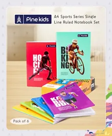 Pine Kids A4 Sports Series Single Line Ruled Notebook Set Pack of 6 - 212 Pages Each