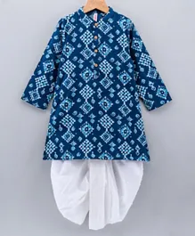 Babyhug Full Sleeves Cotton Printed Kurta and Dhoti Set - Indigo & White