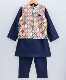 Babyhug Full Sleeves Solid Kurta and Pyjama with Printed Waistcoat - Blue