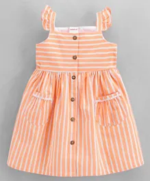 Babyhug 100% Cotton Yarn Dyed Singlet Flutter Sleeve Striped Frock - Peach
