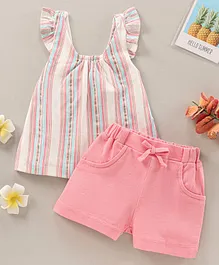 Babyhug Sleeveless Striped Top With Bow Applique & Knee length Shorts Set - Pink