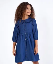 Primo Gino 3/4th Sleeves Knee Length Mid Wash Frock Solid- Blue