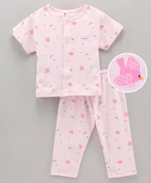 ToffyHouse Cotton Half Sleeves Pajama Set Bird Printed - Light Pink