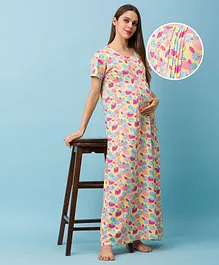 Bella Mama Half Sleeves Maternity Nighty Abstract Print - Yellow