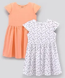 Primo Gino Cap Sleeves Frocks Solid & Floral Print Pack Of 2 - White Peach