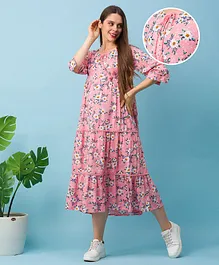 Bella Mama Three Fourth Sleeves Maternity Nursing Frock Floral Print - Light Pink