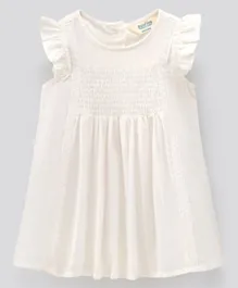 Bonfino Frill Sleeves Solid Frock with Smocked Detailing - White