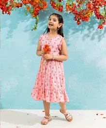 Hola Bonita Ruffle Sleeves Tiered Frock Floral Print - Peach