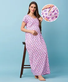 Bella Mama Half Sleeves Maternity & Nursing Nighty Heart Print - Pink