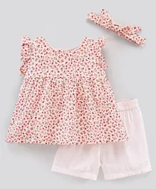 Bonfino Flutter Sleeves Top & Shorts Set With Floral Print & Headband - Peach
