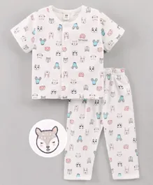 ToffyHouse Cotton Half Sleeves Pajama Set Animals Printed - White