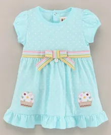 ToffyHouse Short Sleeves A Line One Piece Frock Polka Dot Print with Ice Cream Patch - Turquoise Blue