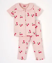 Babyhug Half Sleeves Cotton Night Suit Cherry Print- Pink