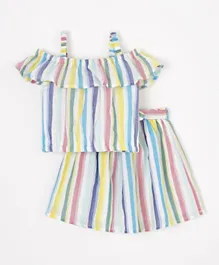Babyhug Off Shoulder Sleeves Woven Striped Top & Skirt Set - Multicolor
