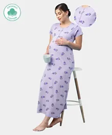ECOMAMA Organic Healthy Short Sleeves Maternity Nursing Nighty Floral Print - Light Purple